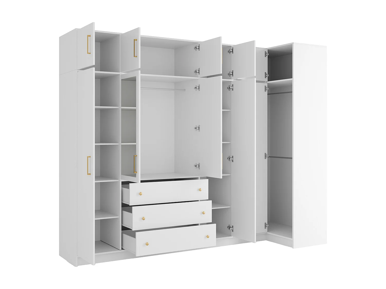 Armoire d'angle 6 portes et 3 tiroirs - Avec miroirs - L311 cm - Blanc + Réhausses - LIZANDRO