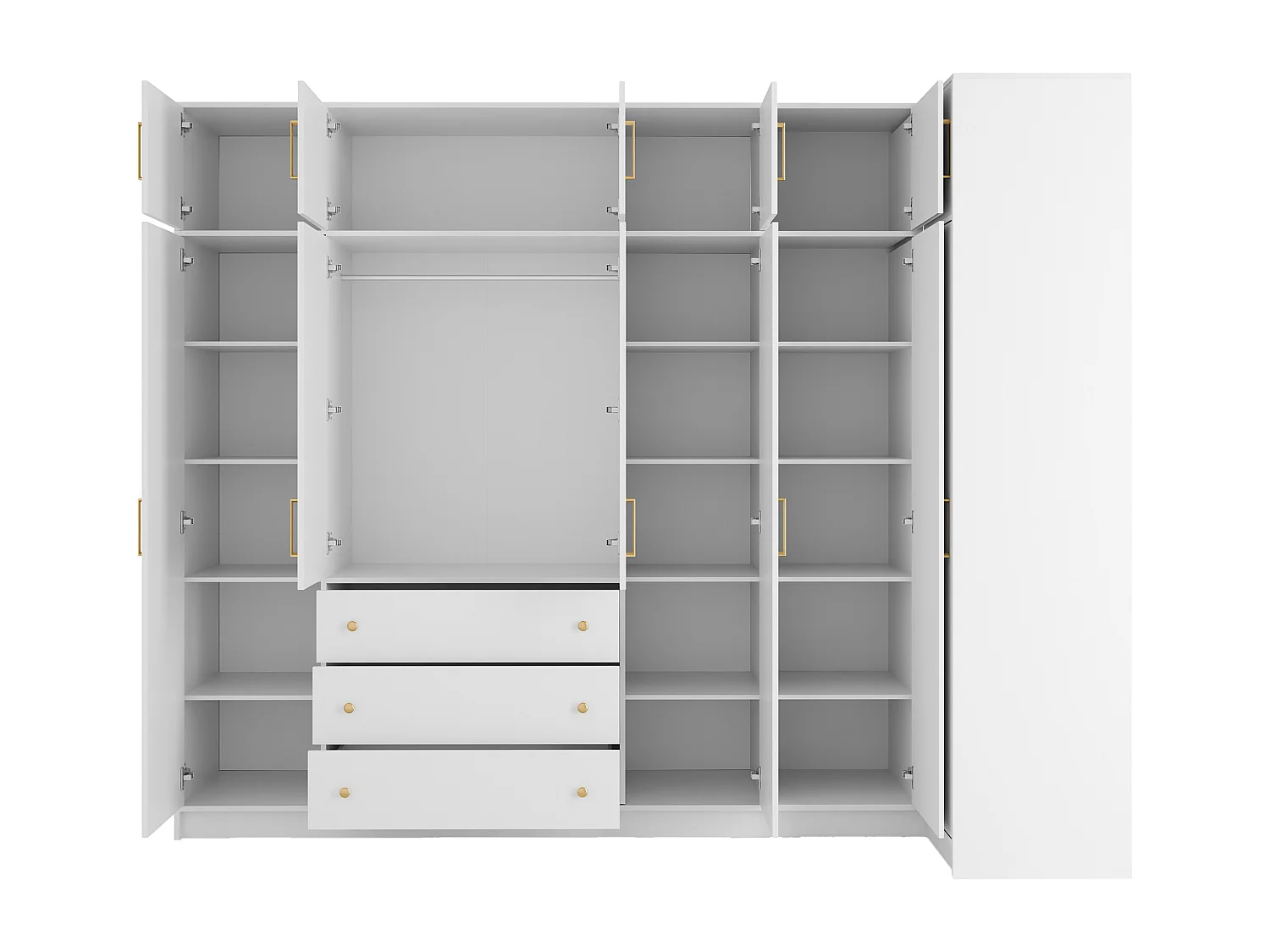 Armoire d'angle 6 portes et 3 tiroirs - Avec miroirs - L311 cm - Blanc + Réhausses - LIZANDRO