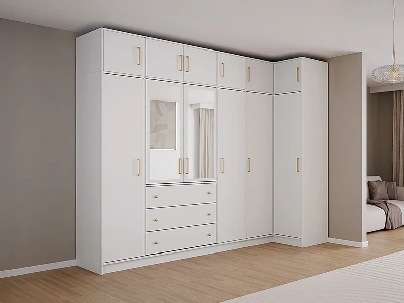 Armadio angolare 6 ante e 3 cassetti Con specchi L311 cm Bianco + Estensioni - LIZANDRO