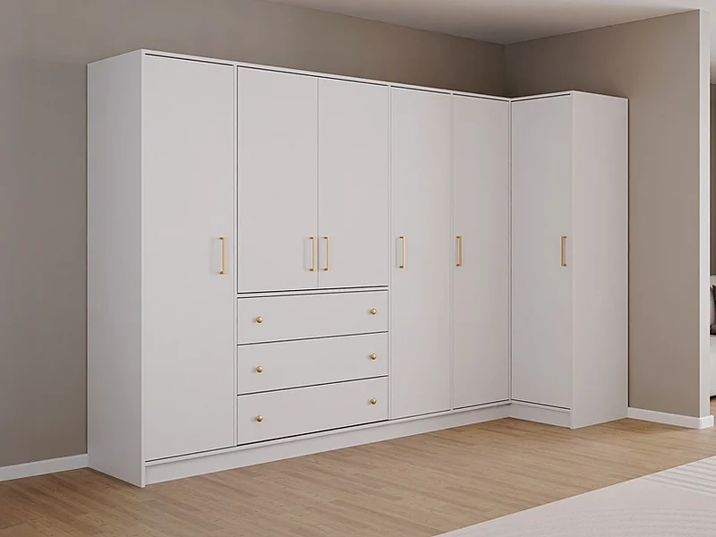 Eckkleiderschrank mit 6 Türen & 3 Schubladen - 311 cm - Weiß - LIZANDRO