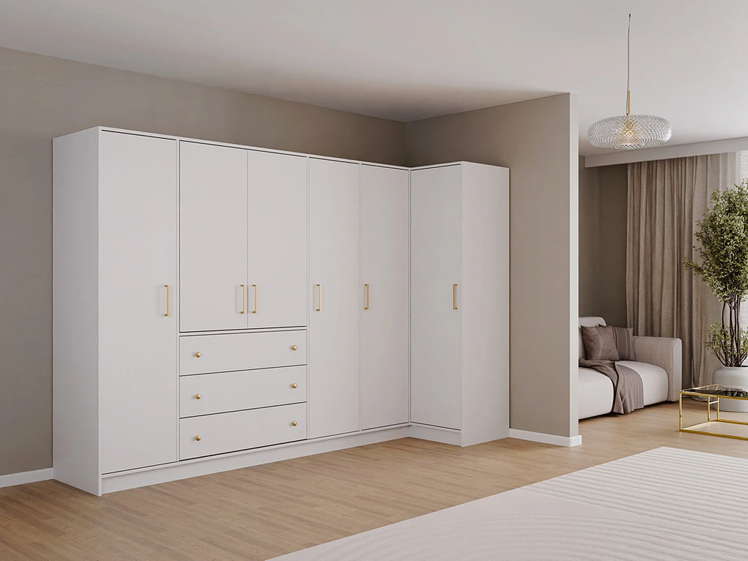 Armoire d'angle 6 portes et 3 tiroirs - L311 cm - Blanc - LIZANDRO