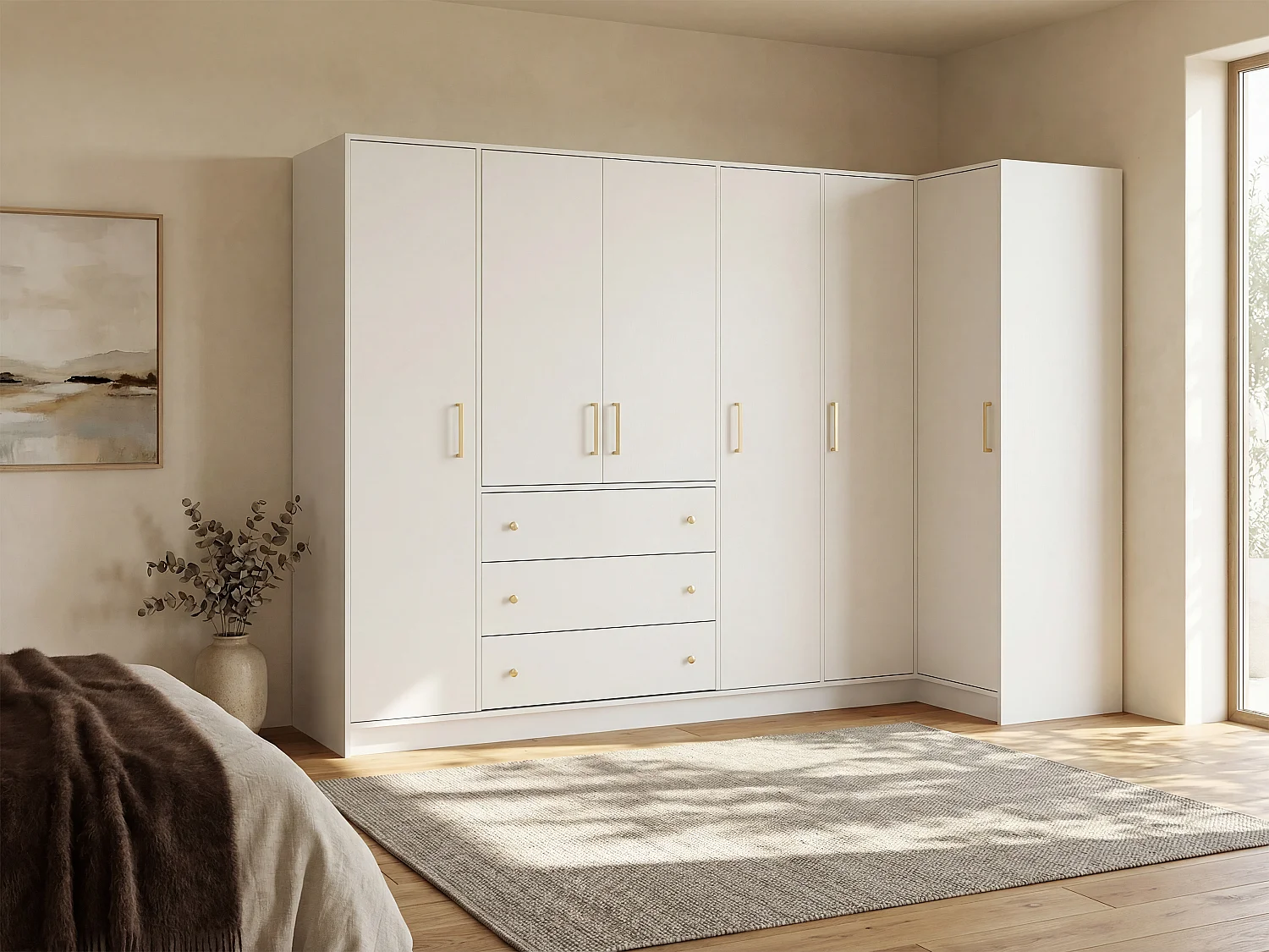 Corner wardrobe with 6 doors and 3 drawers - W311 cm - White - LIZANDRO