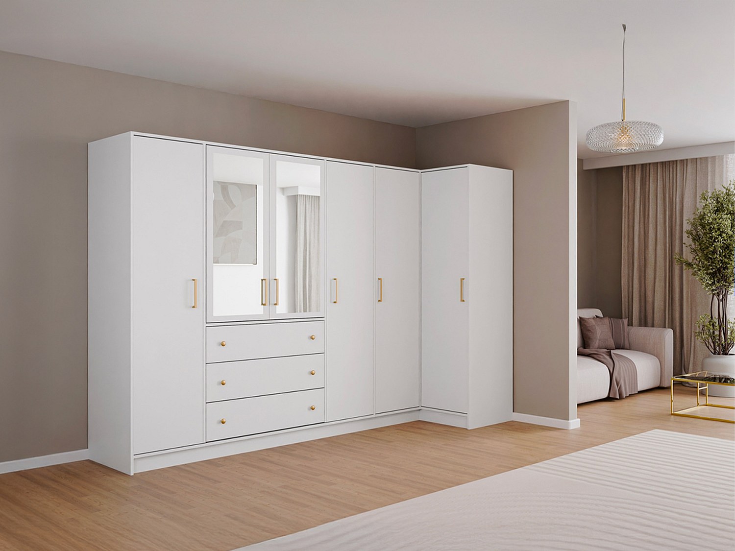 Hjørnegarderobe med 6 dører og 3 skuffer - Med speil - L311 cm - Hvit - LIZANDRO