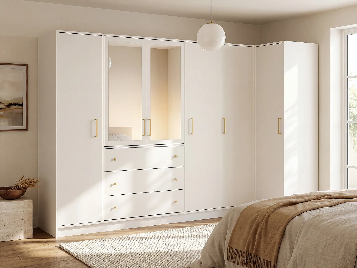 Corner wardrobe with 6 doors and 3 drawers - With mirrors - W311 cm - White - LIZANDRO