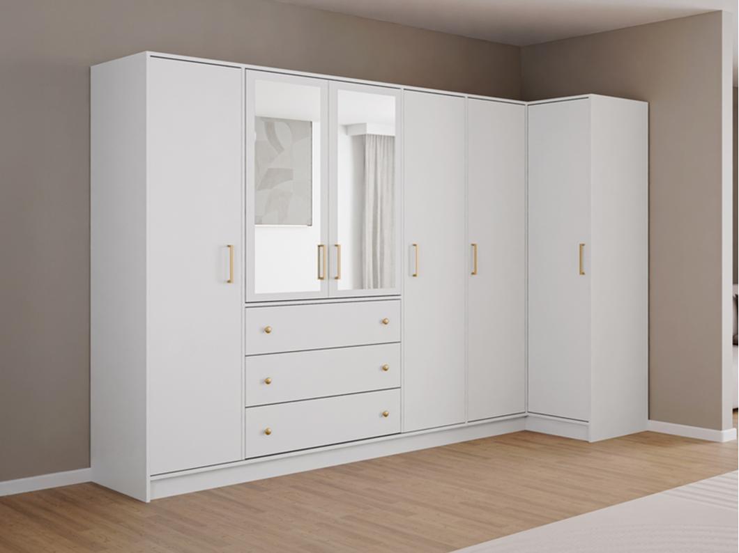 Armario esquinero de 6 puertas y 3 cajones - Con espejos - L311 cm - Blanco - LIZANDRO