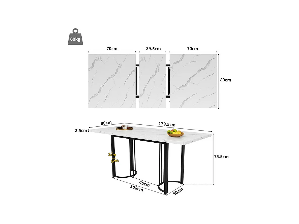 Uitschuifbare eettafel voor 6-8 personen in MDF en metaal - Wit marmer effect - 140/179,5x80x75,5 cm