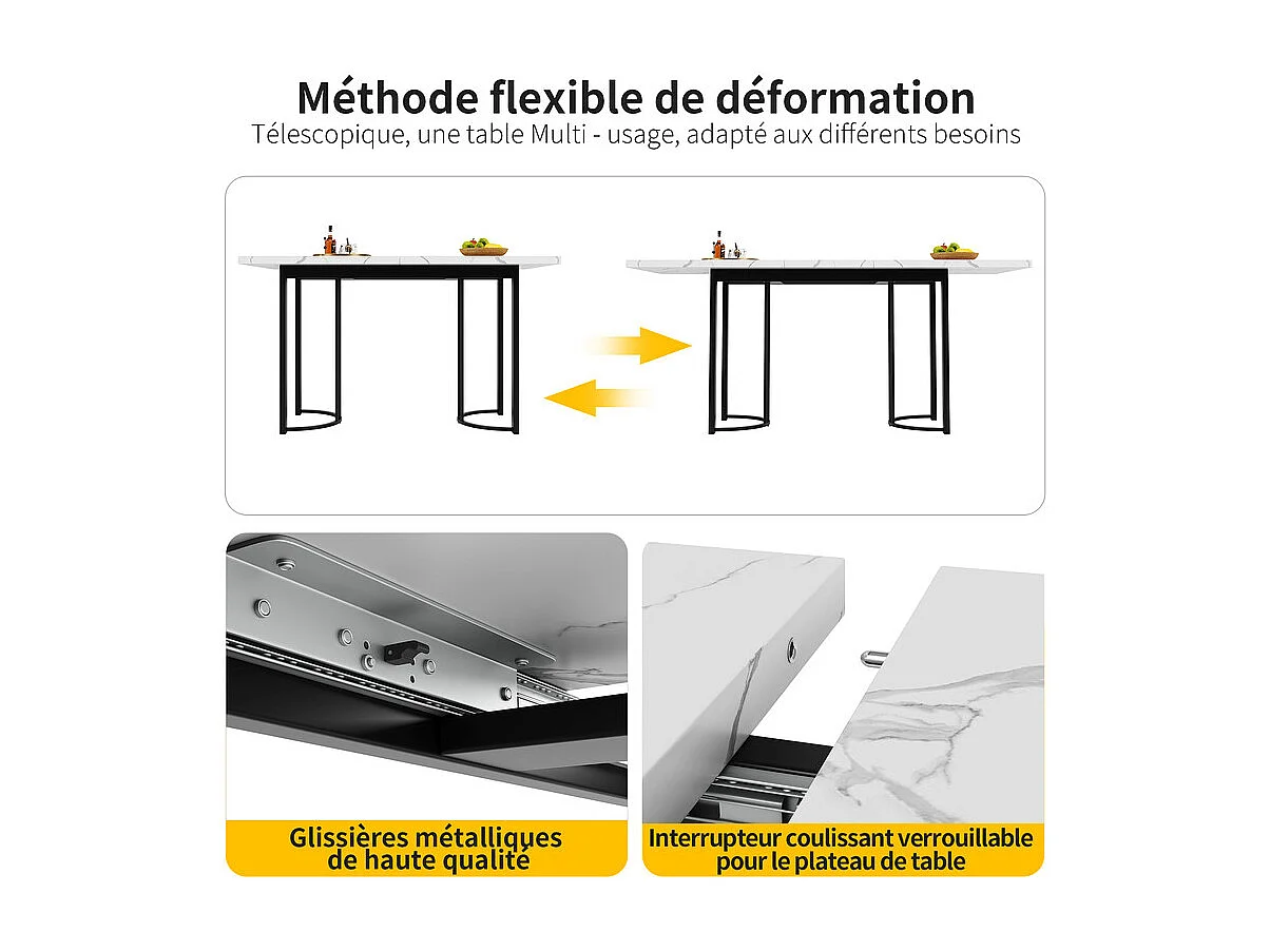 Uitschuifbare eettafel voor 6-8 personen in MDF en metaal - Wit marmer effect - 140/179,5x80x75,5 cm