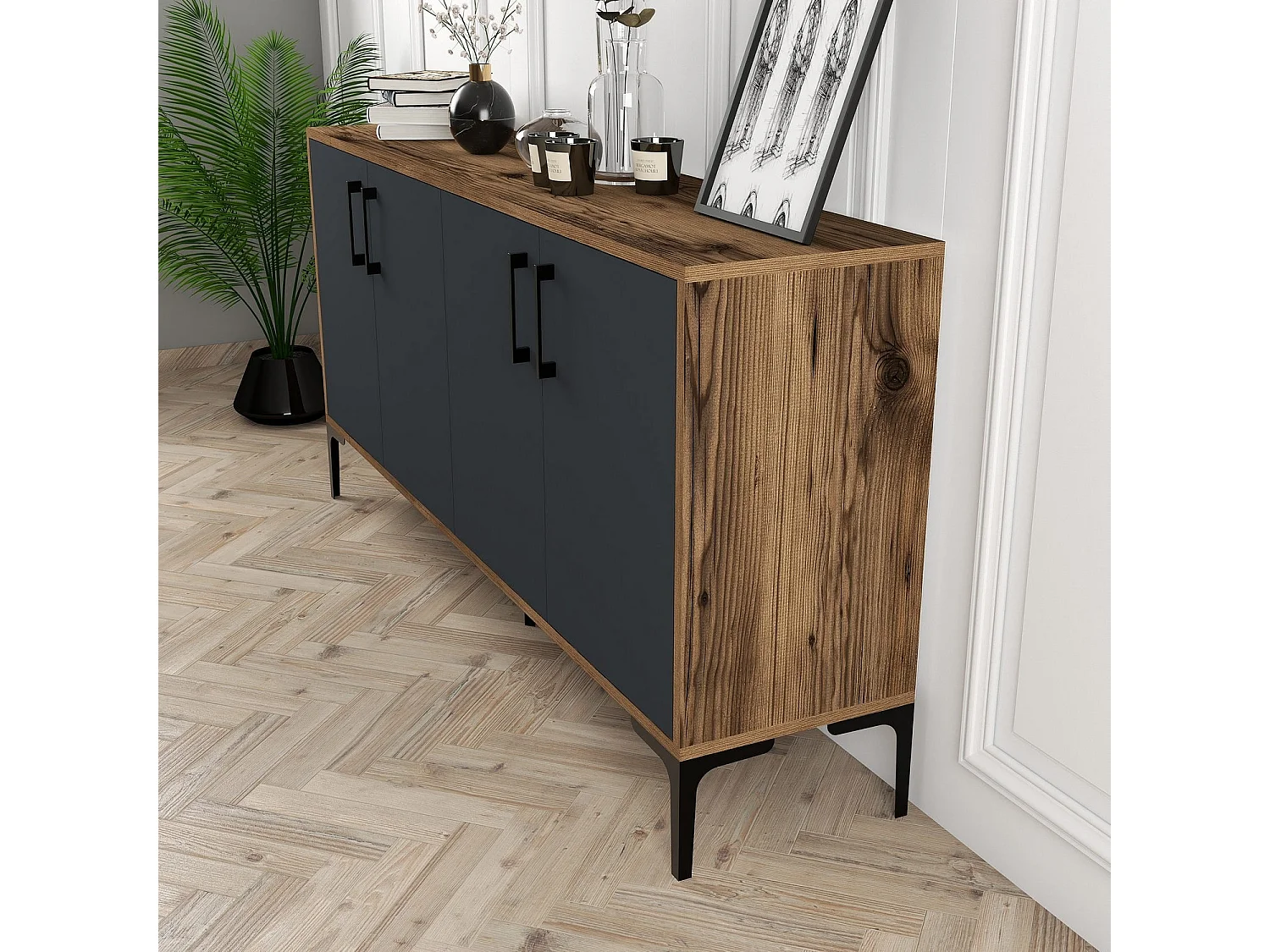 Aparador Industrial – 160 cm x 78 cm x 35 cm – Nogueira e Antracite – Melamina e Metal