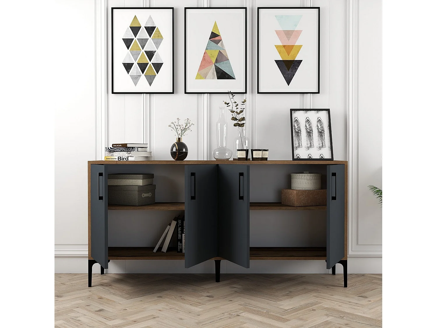 Aparador Industrial – 160 cm x 78 cm x 35 cm – Nogueira e Antracite – Melamina e Metal