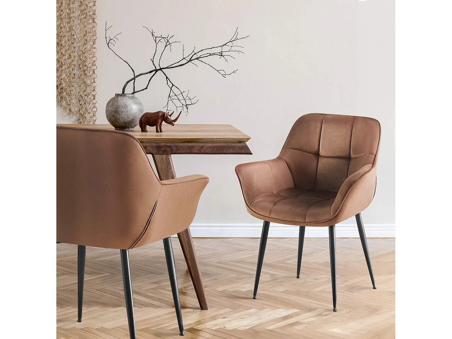 Lot de 2  chaises avec accoudoirs - Velours - Marron - Roseville
