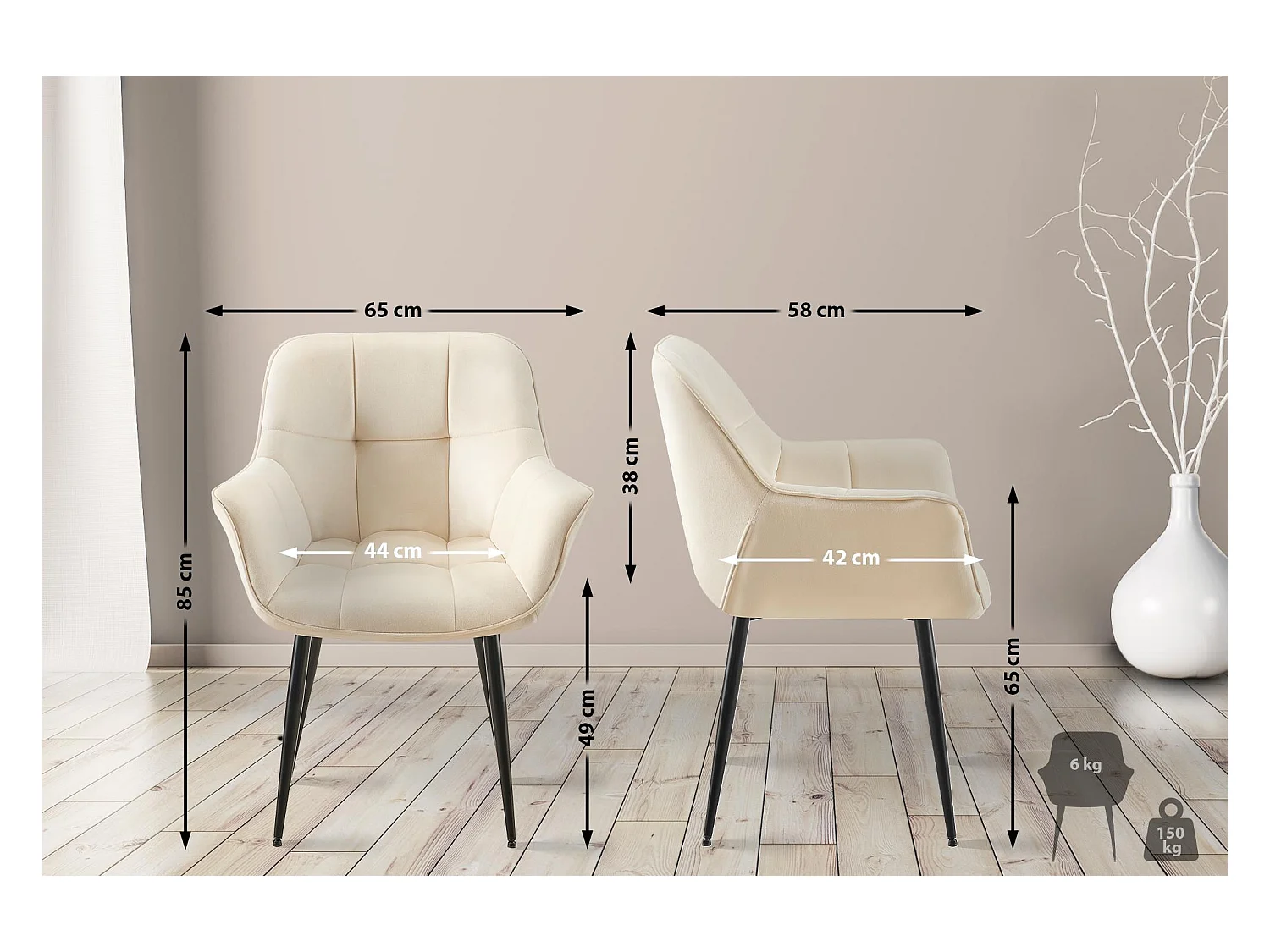 Lot de 2  chaises avec accoudoirs - Velours - Crème - Roseville