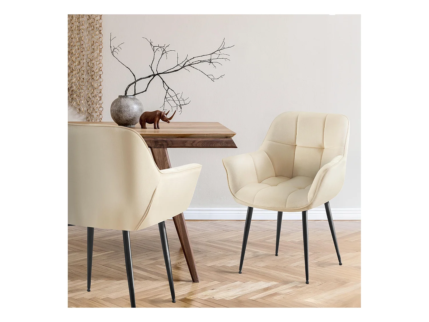 Lot de 2  chaises avec accoudoirs - Velours - Crème - Roseville