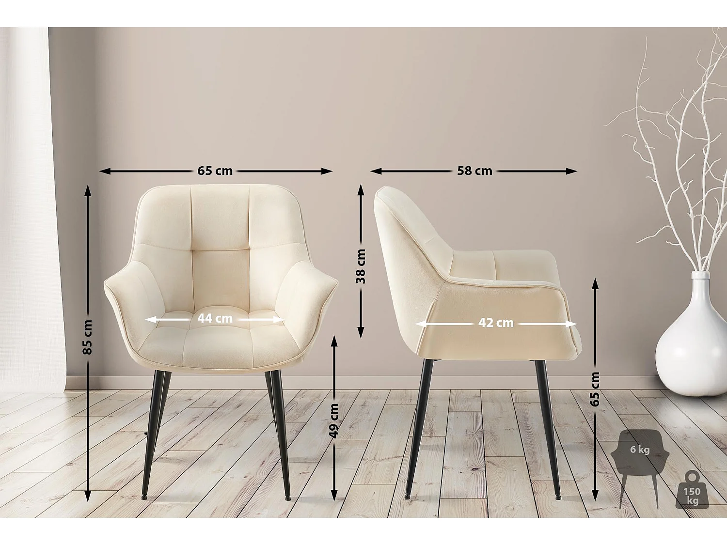 Lot de 2  chaises avec accoudoirs - Velours - Crème - Roseville