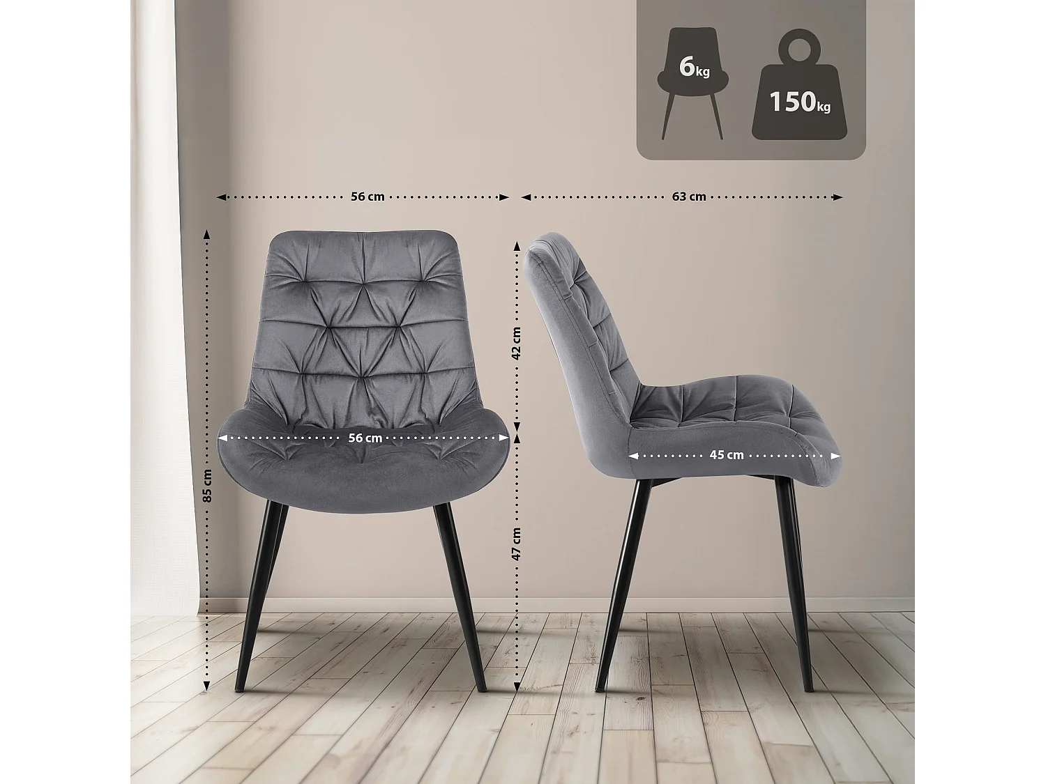 chaise salle à manger - Velours - Gris foncé - Rossford