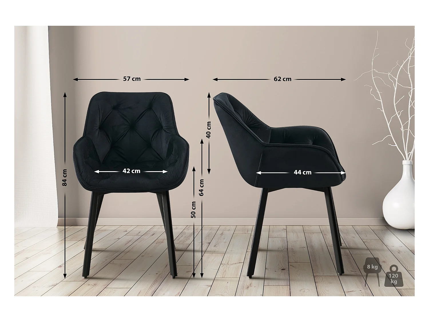 chaises avec accoudoirs - Velours - Noir - Antigo