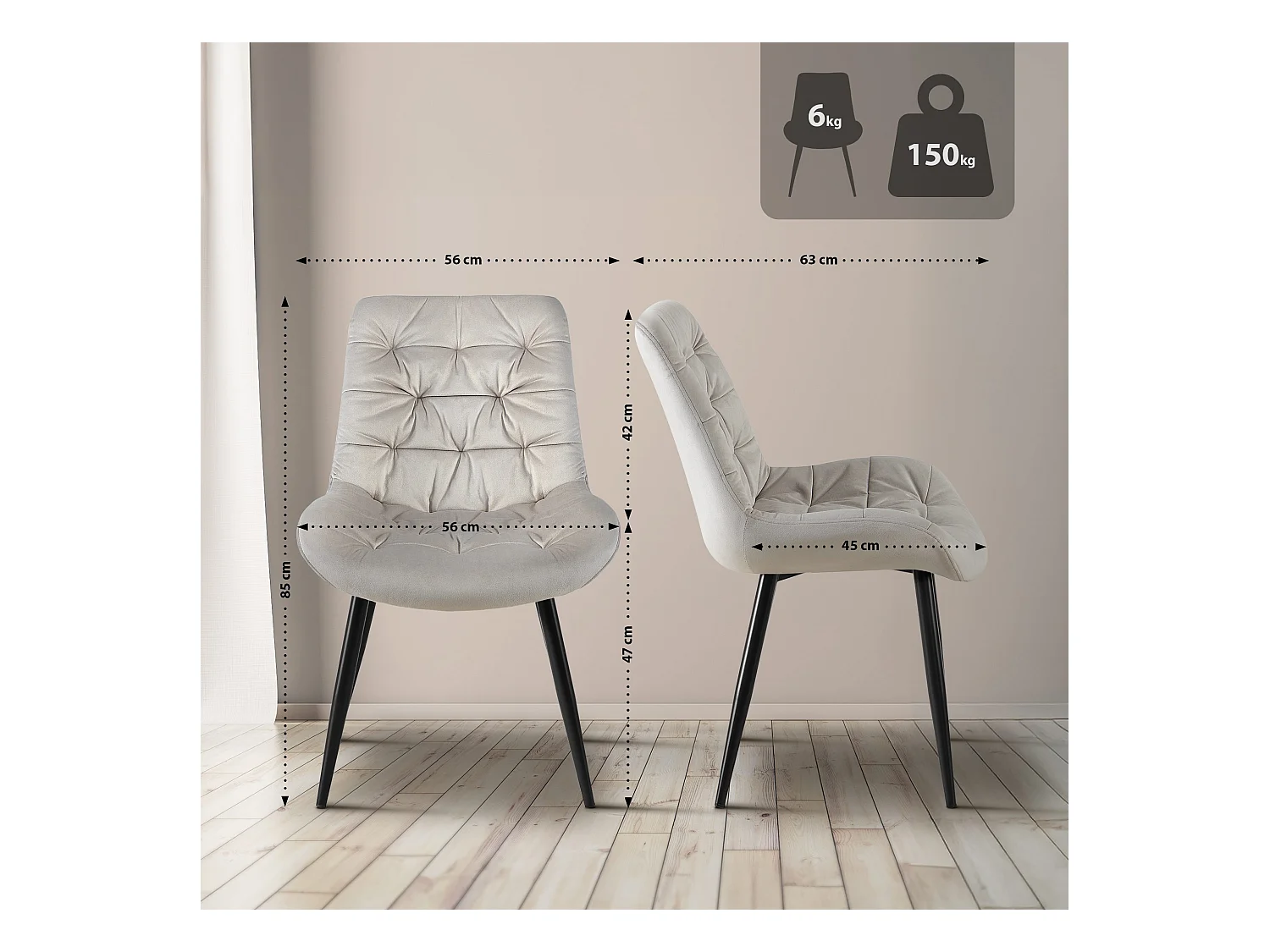 chaise salle à manger - Velours - Gris - Rossford