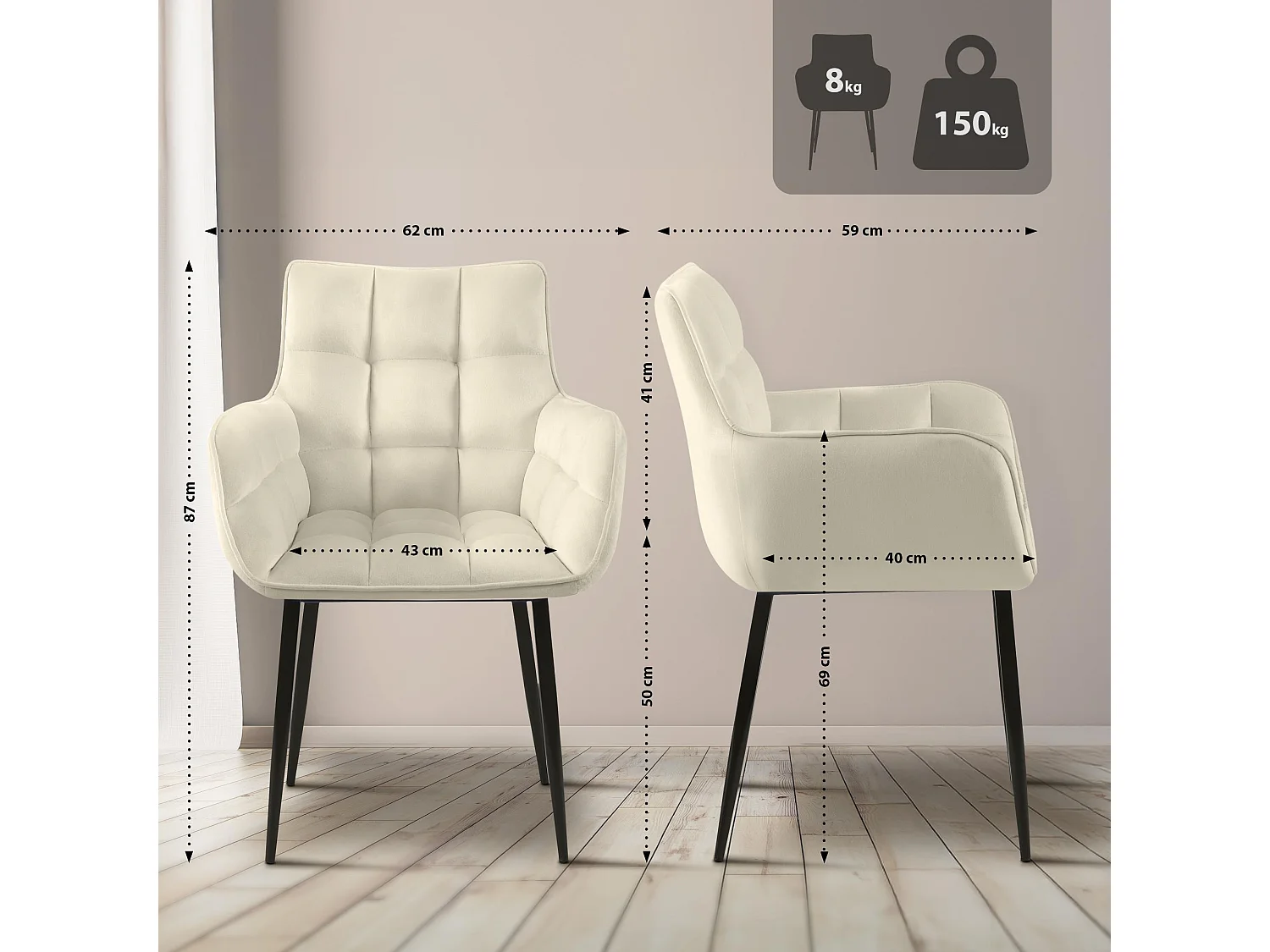 chaises avec accoudoirs - Velours - Crème - Tirana