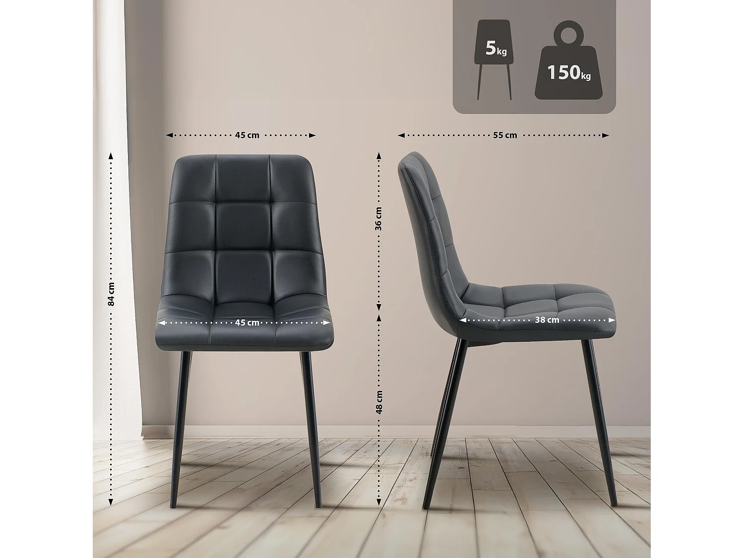 chaise salle à manger - Similicuir - Noir - Antibes