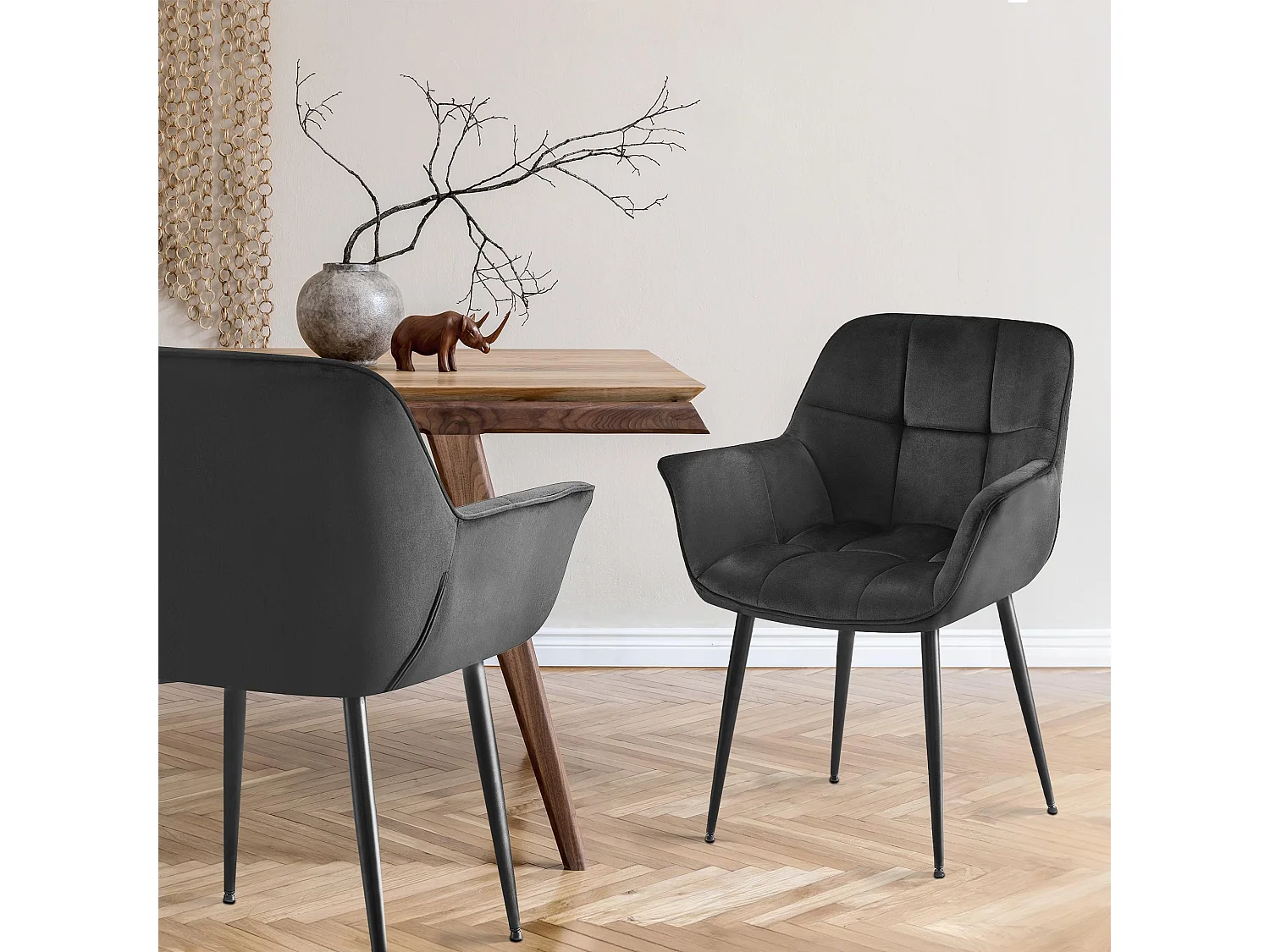 Lot de 2  chaises avec accoudoirs - Velours - Noir - Roseville