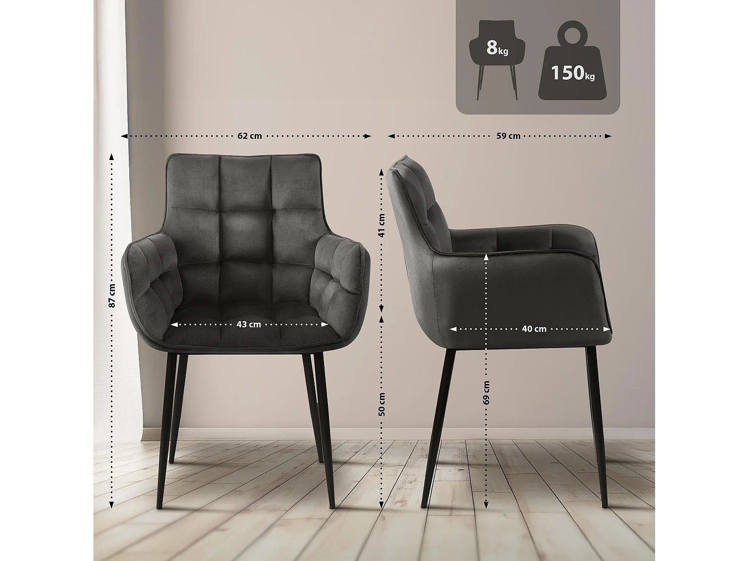 chaises avec accoudoirs - Velours - Anthracite - Tirana