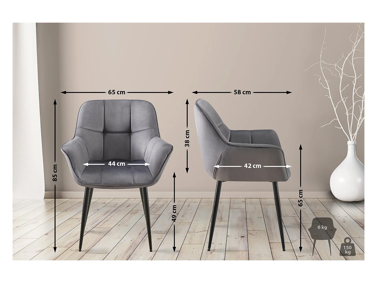 Lot de 2  chaises avec accoudoirs - Velours - Gris foncé - Roseville