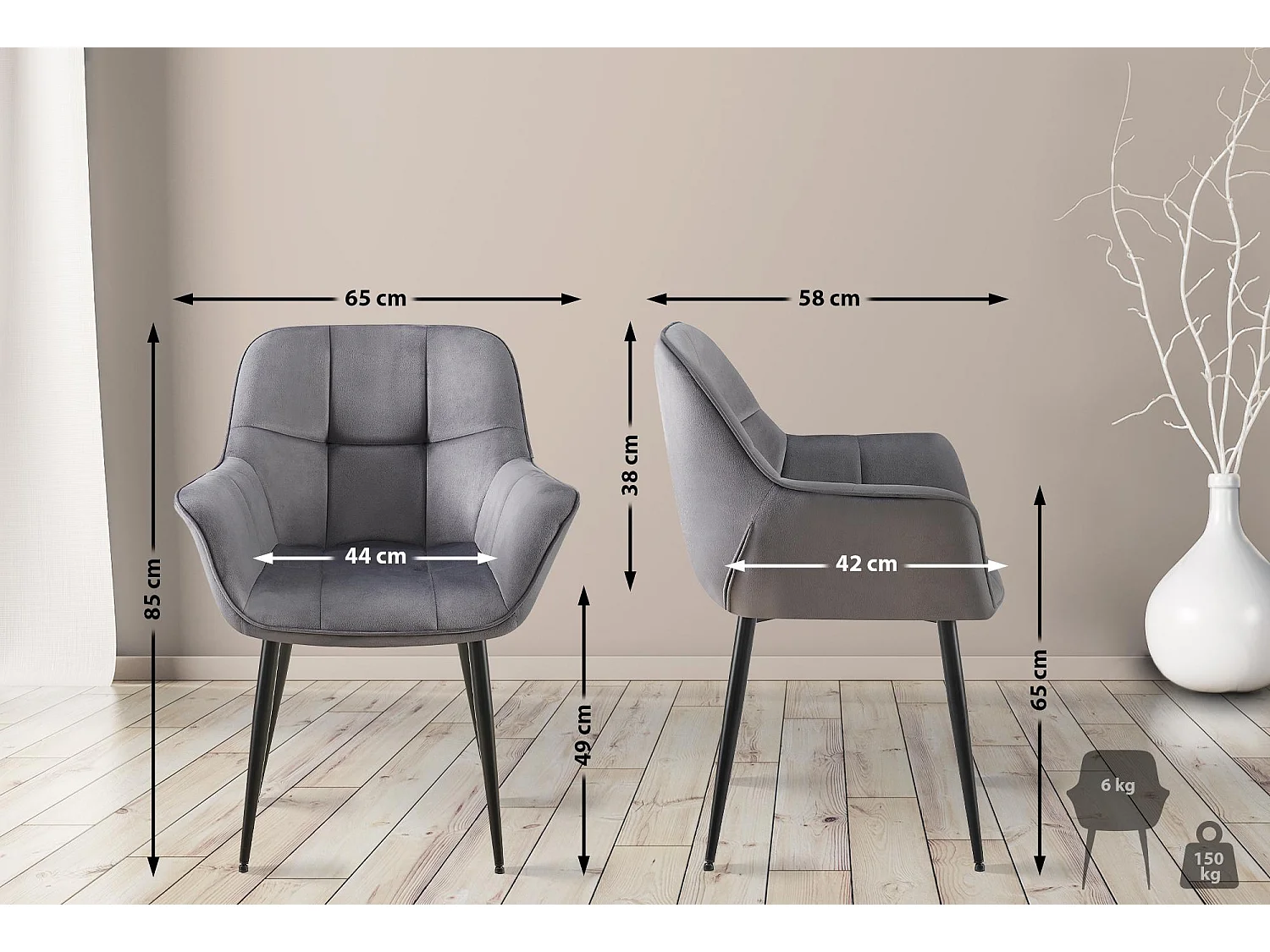 Lot de 2  chaises avec accoudoirs - Velours - Gris foncé - Roseville