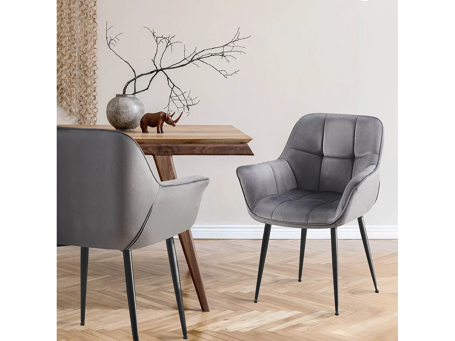 Lot de 2  chaises avec accoudoirs - Velours - Gris foncé - Roseville