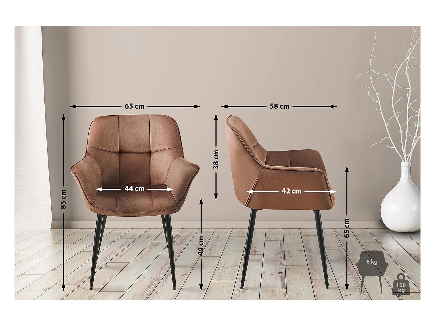 chaises avec accoudoirs - Velours - Marron - Roseville