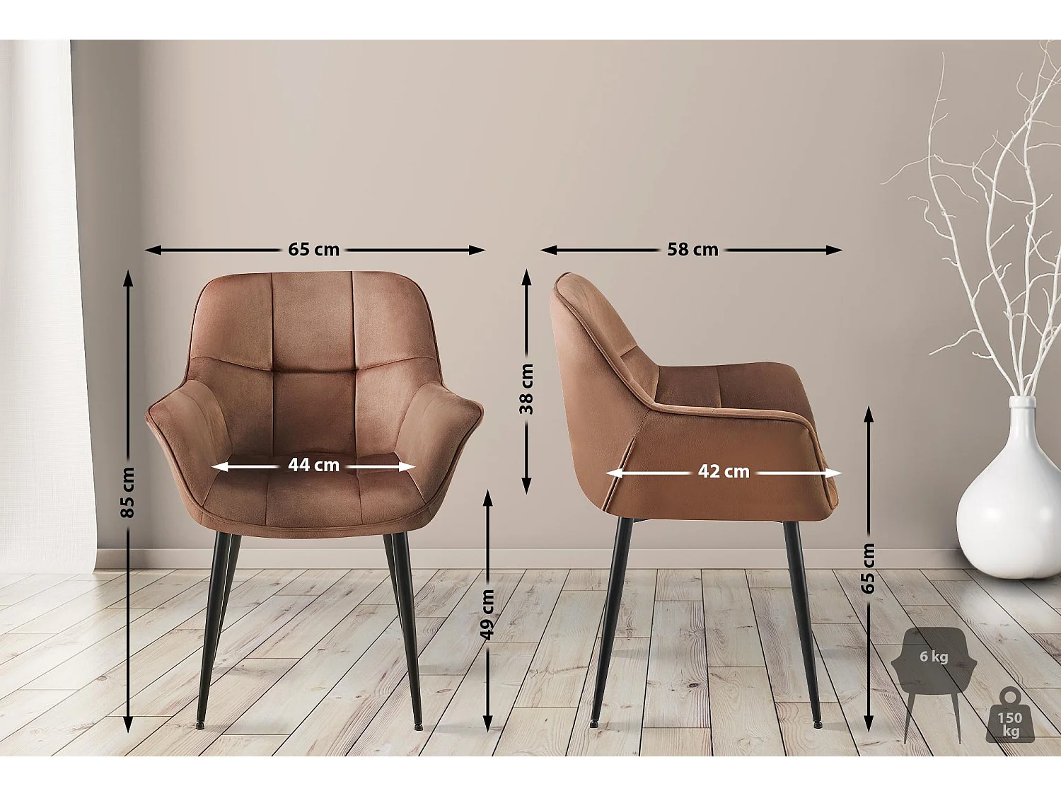 chaises avec accoudoirs - Velours - Marron - Roseville