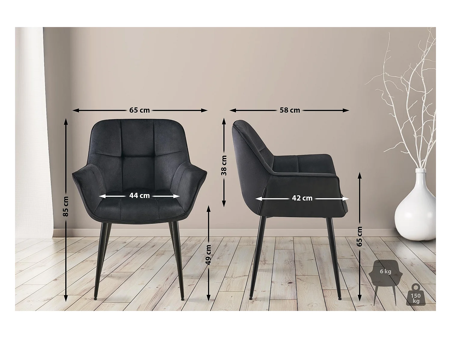 chaises avec accoudoirs - Velours - Noir - Roseville