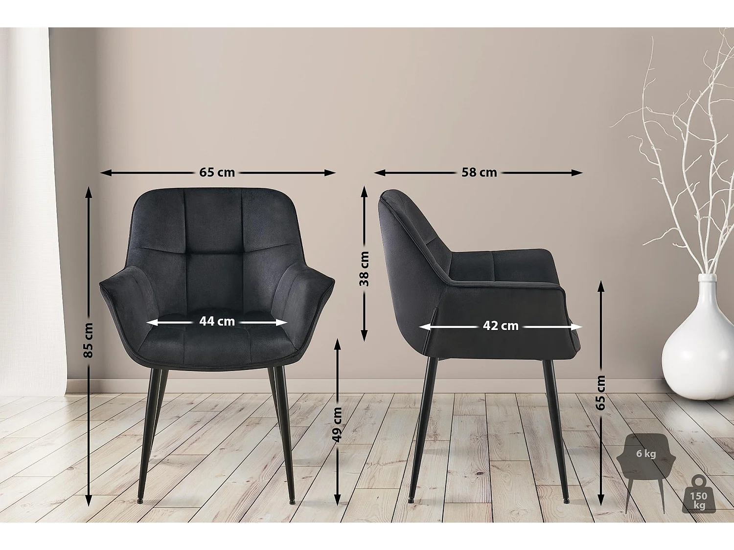 chaises avec accoudoirs - Velours - Noir - Roseville