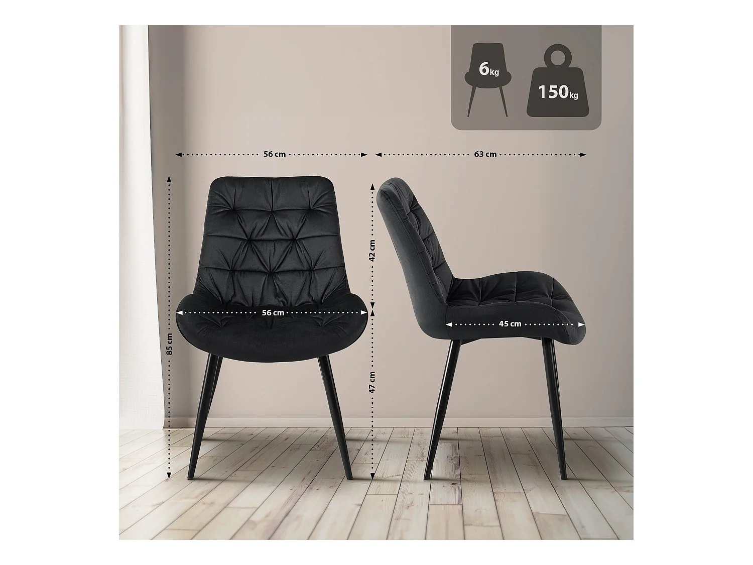 chaise salle à manger - Velours - Noir - Rossford