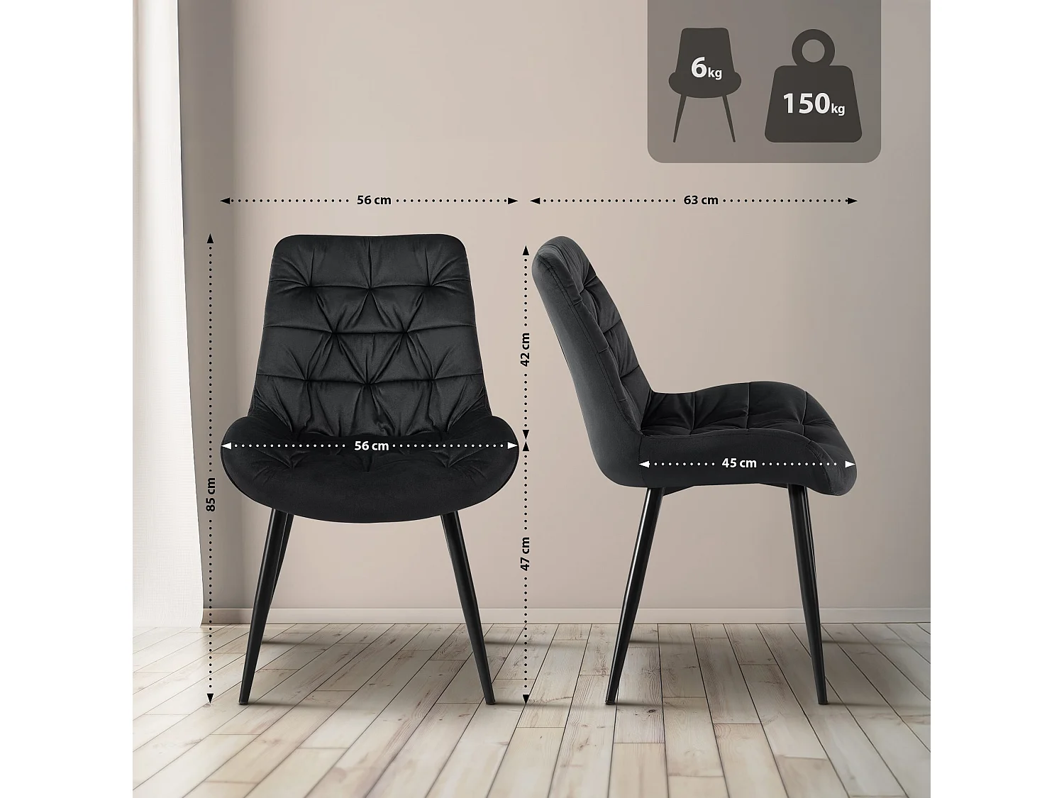 chaise salle à manger - Velours - Noir - Rossford