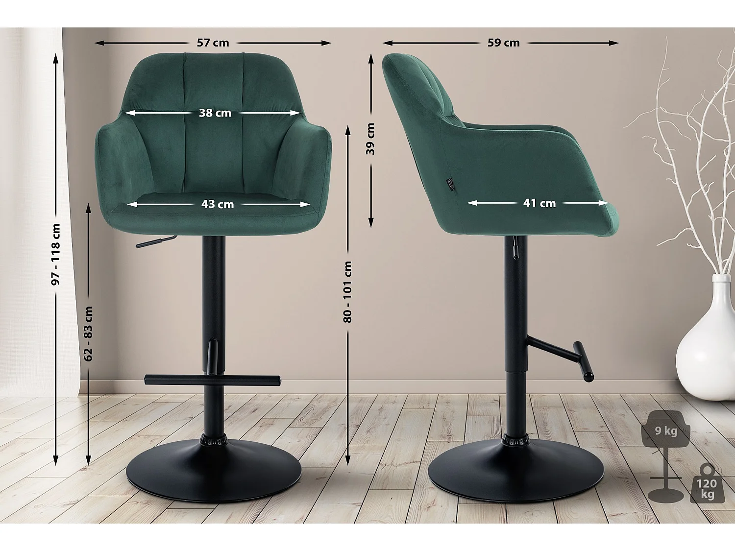 Tabouret de bar - Velours - Vert - Natoma