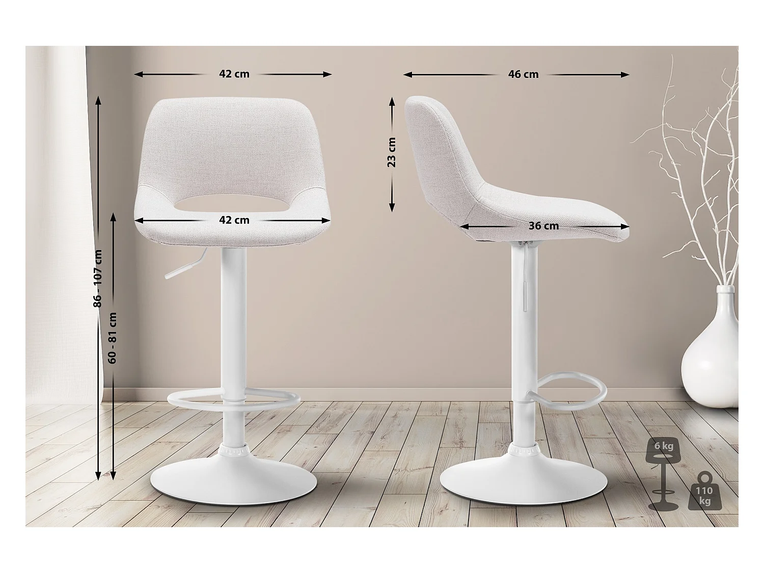 Lot de 2  Tabouret de bar - Tissu - Crème - Camden