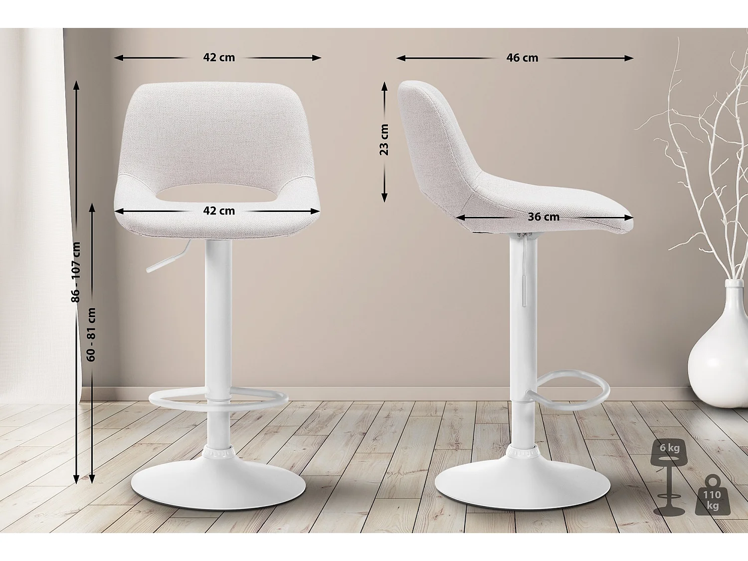 Lot de 2  Tabouret de bar - Tissu - Crème - Camden