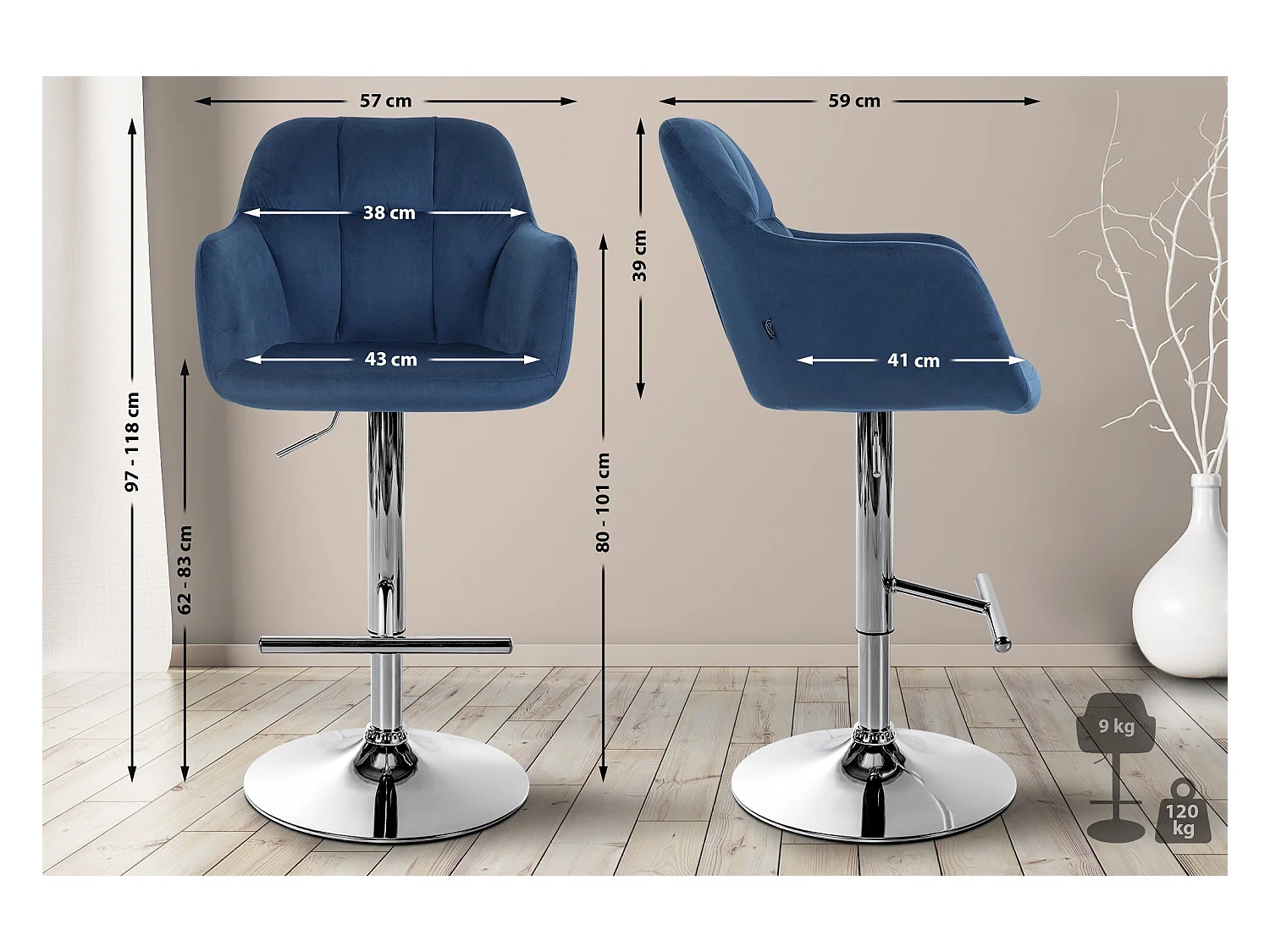 Tabouret de bar - Velours - Bleu - Natoma