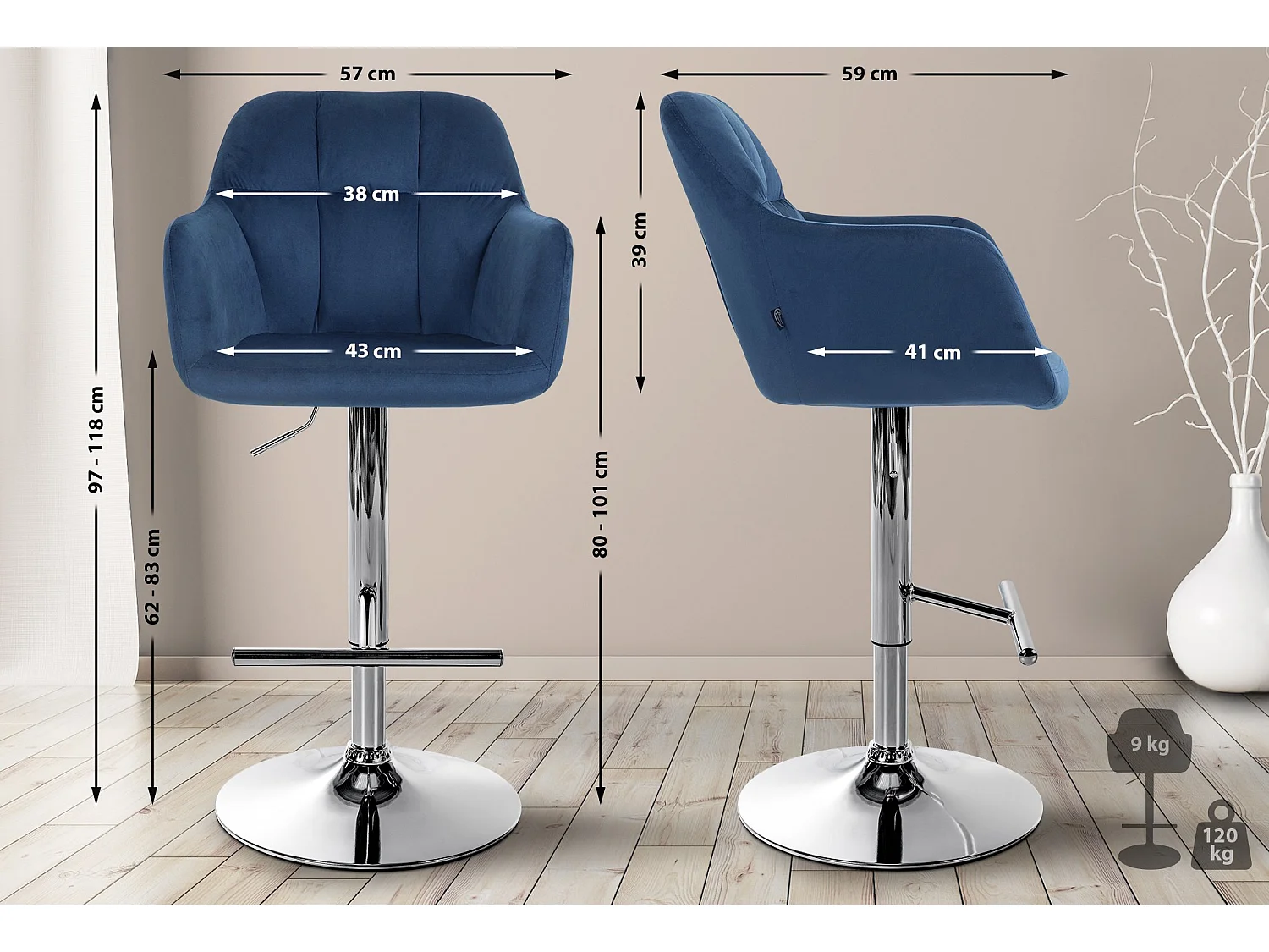 Tabouret de bar - Velours - Bleu - Natoma