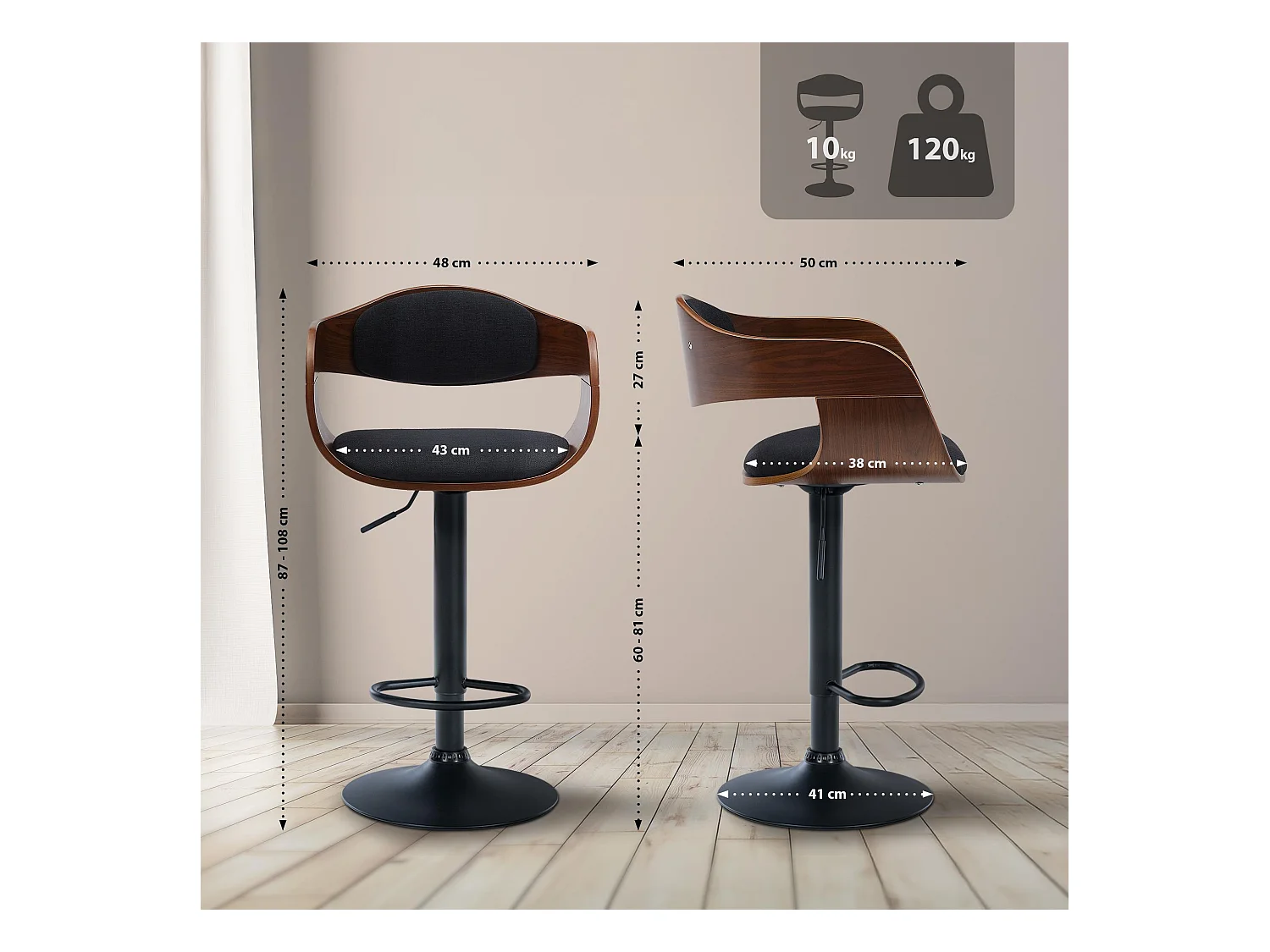 Lot de 2  Tabouret de bar - Tissu - Noyer / Noir - Kingston