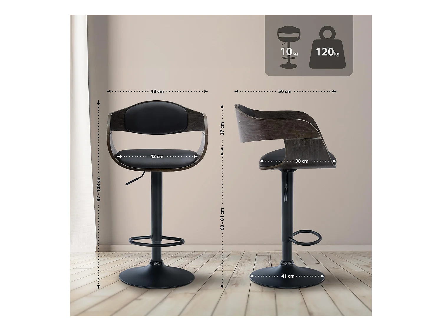 Lot de 2  Tabouret de bar - Similicuir - Noir / Gris - Kingston