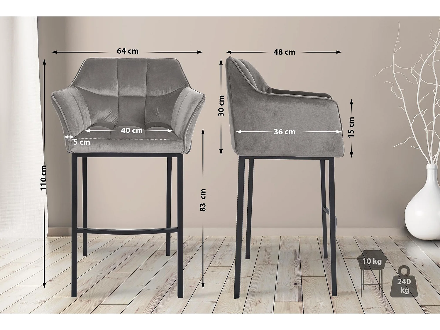Lot de 2  Tabouret de bar - Velours - Gris - Damaso