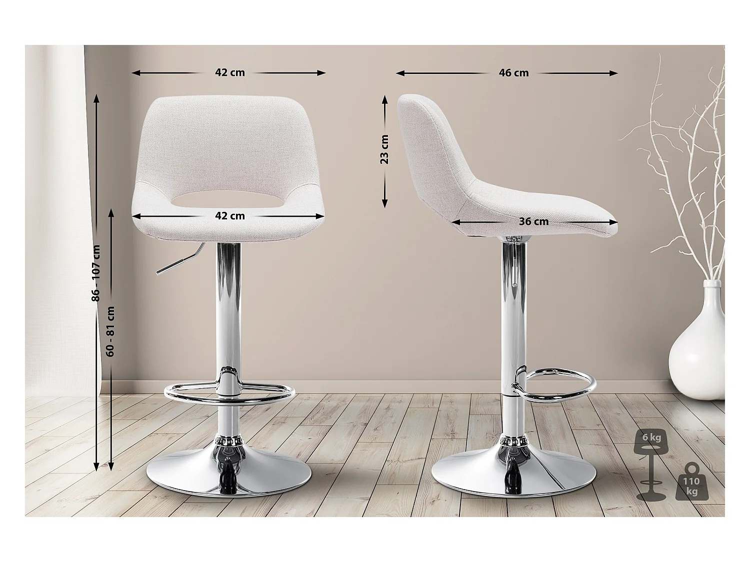 Lot de 2  Tabouret de bar - Tissu - Crème - Camden