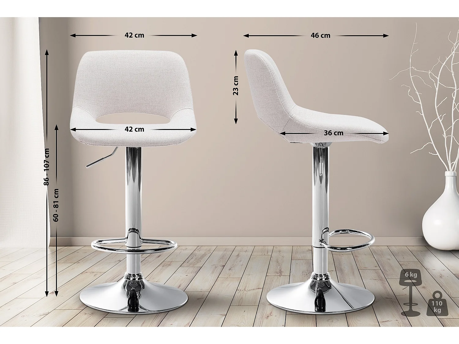 Lot de 2  Tabouret de bar - Tissu - Crème - Camden