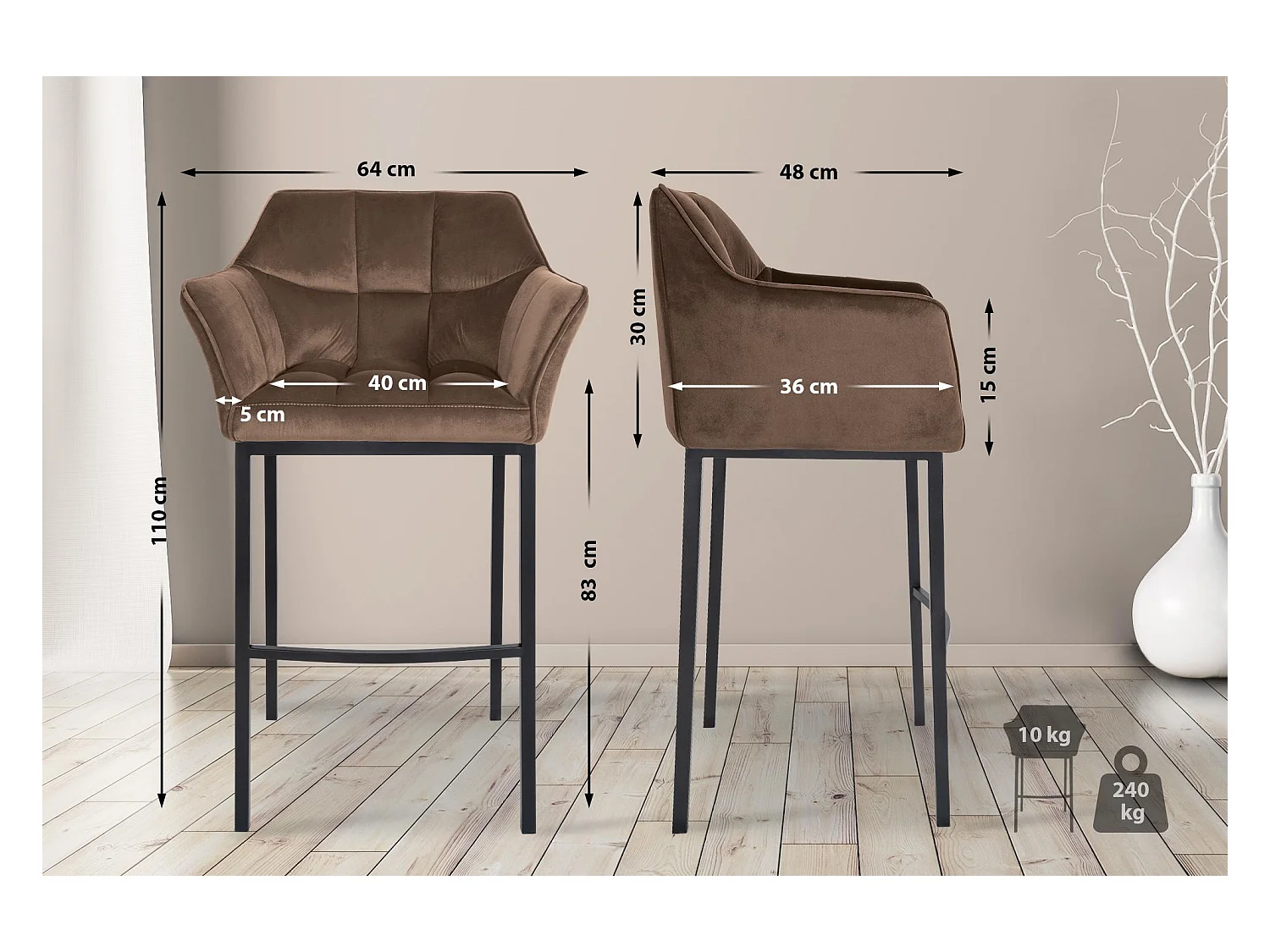 Lot de 2  Tabouret de bar - Velours - Marron - Damaso