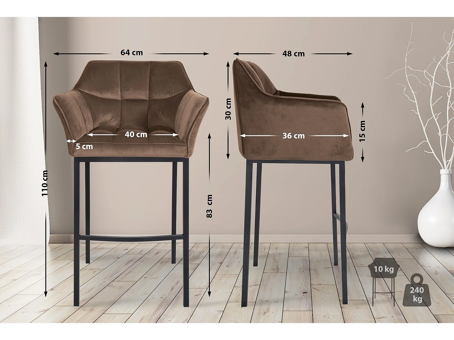 Lot de 2  Tabouret de bar - Velours - Marron - Damaso