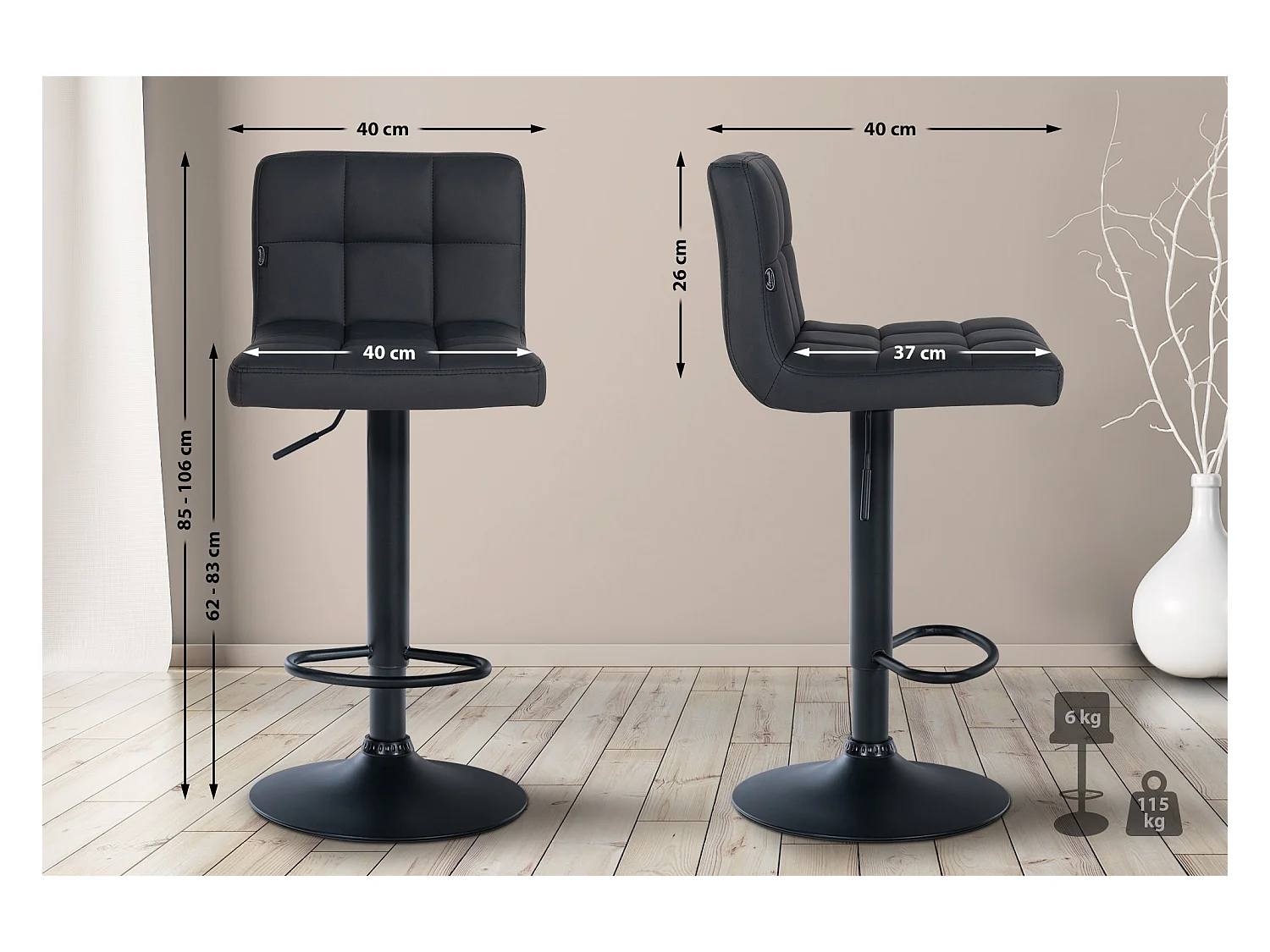 Lot de 4  Tabouret de bar - Similicuir - Noir - Feni