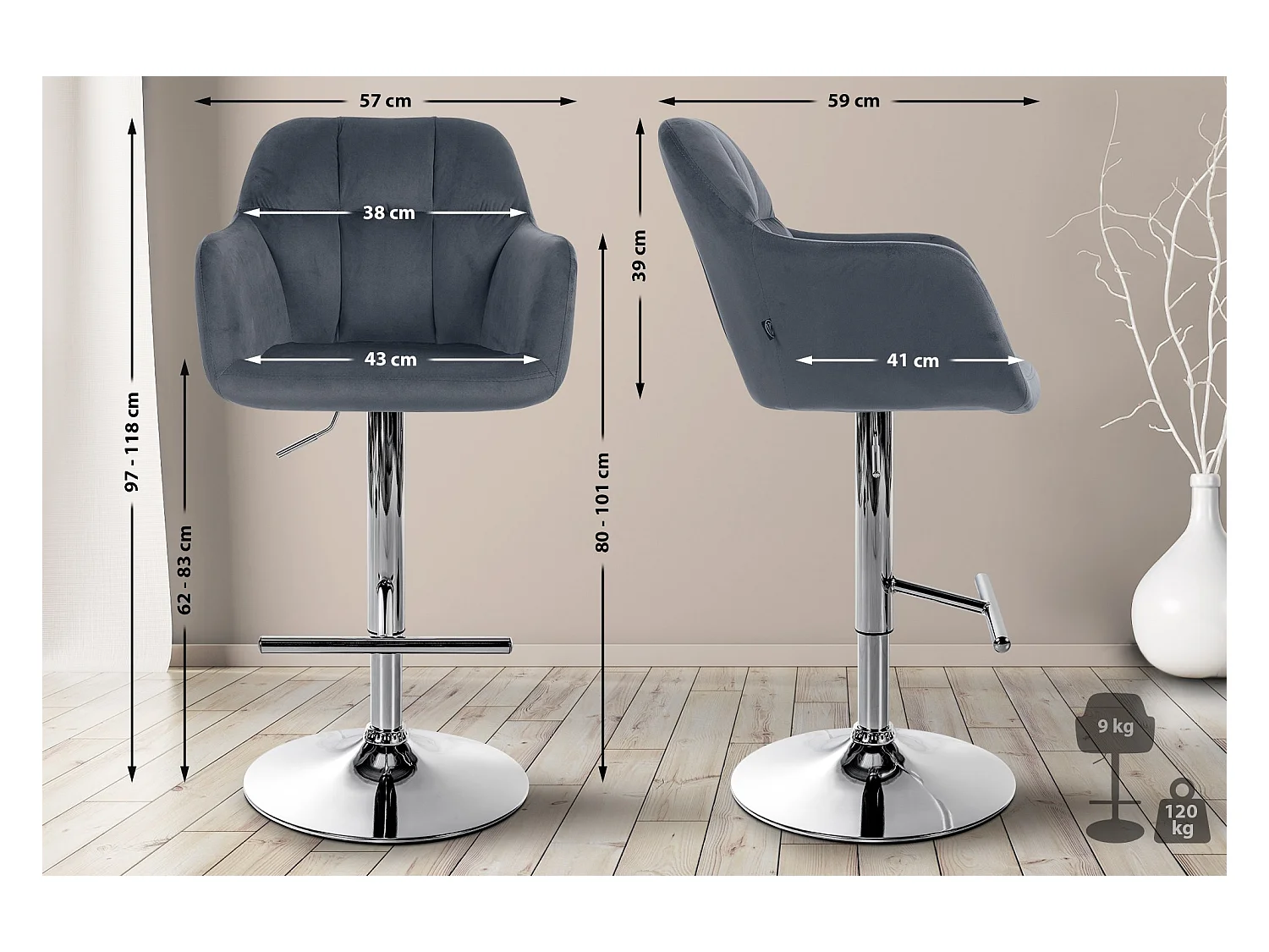 Tabouret de bar - Velours - Gris foncé - Natoma