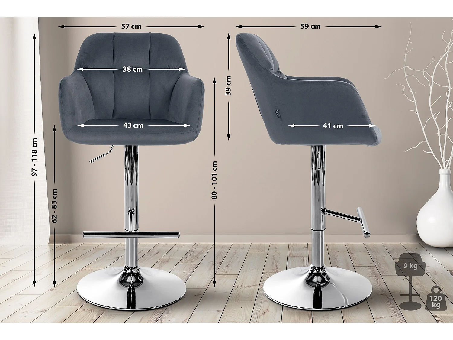 Tabouret de bar - Velours - Gris foncé - Natoma