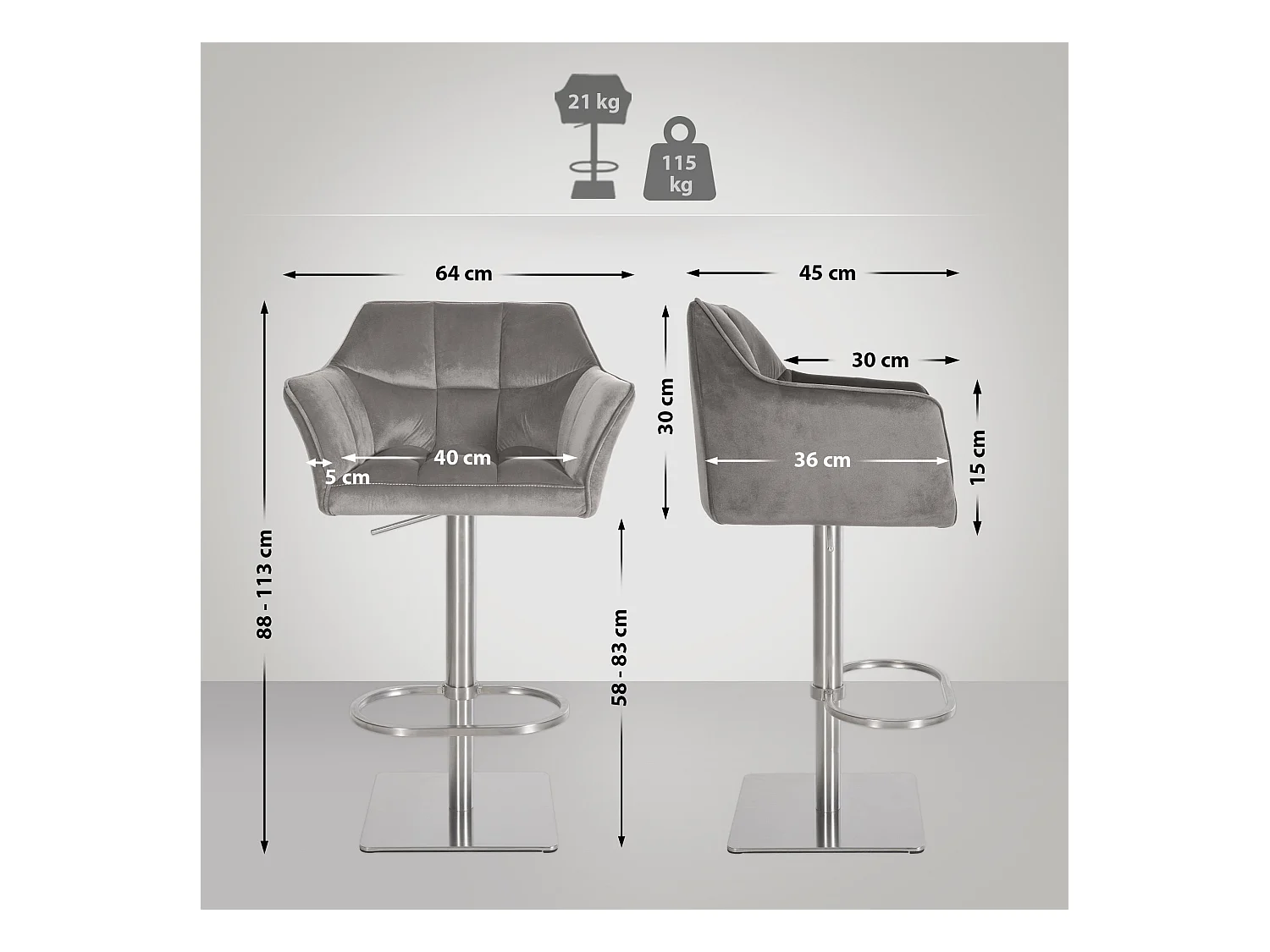 Lot de 2  Tabouret de bar - Velours - Gris - Damaso