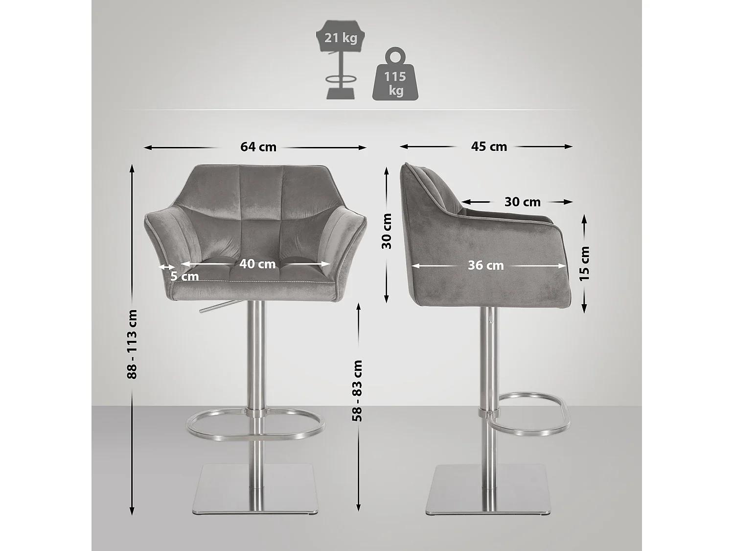 Lot de 2  Tabouret de bar - Velours - Gris - Damaso